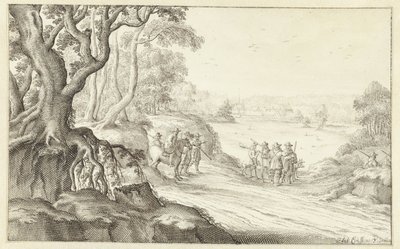 Hunters in a Hilly Landscape, Groenendaal Abbey in Brussels in the Background by Anthonie Crussens